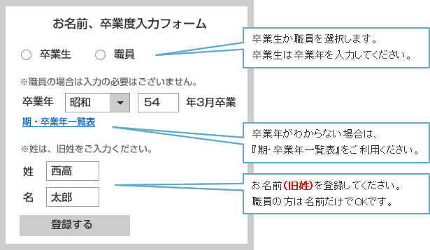 お名前、卒業度入力フォーム